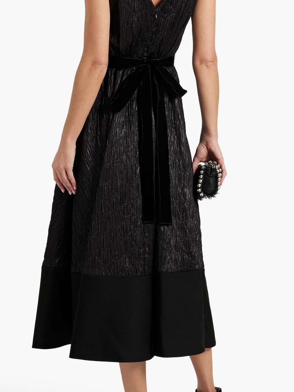 velvet-trimmed matelassé midi dress