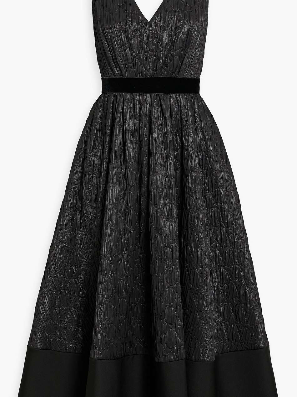 velvet-trimmed matelassé midi dress