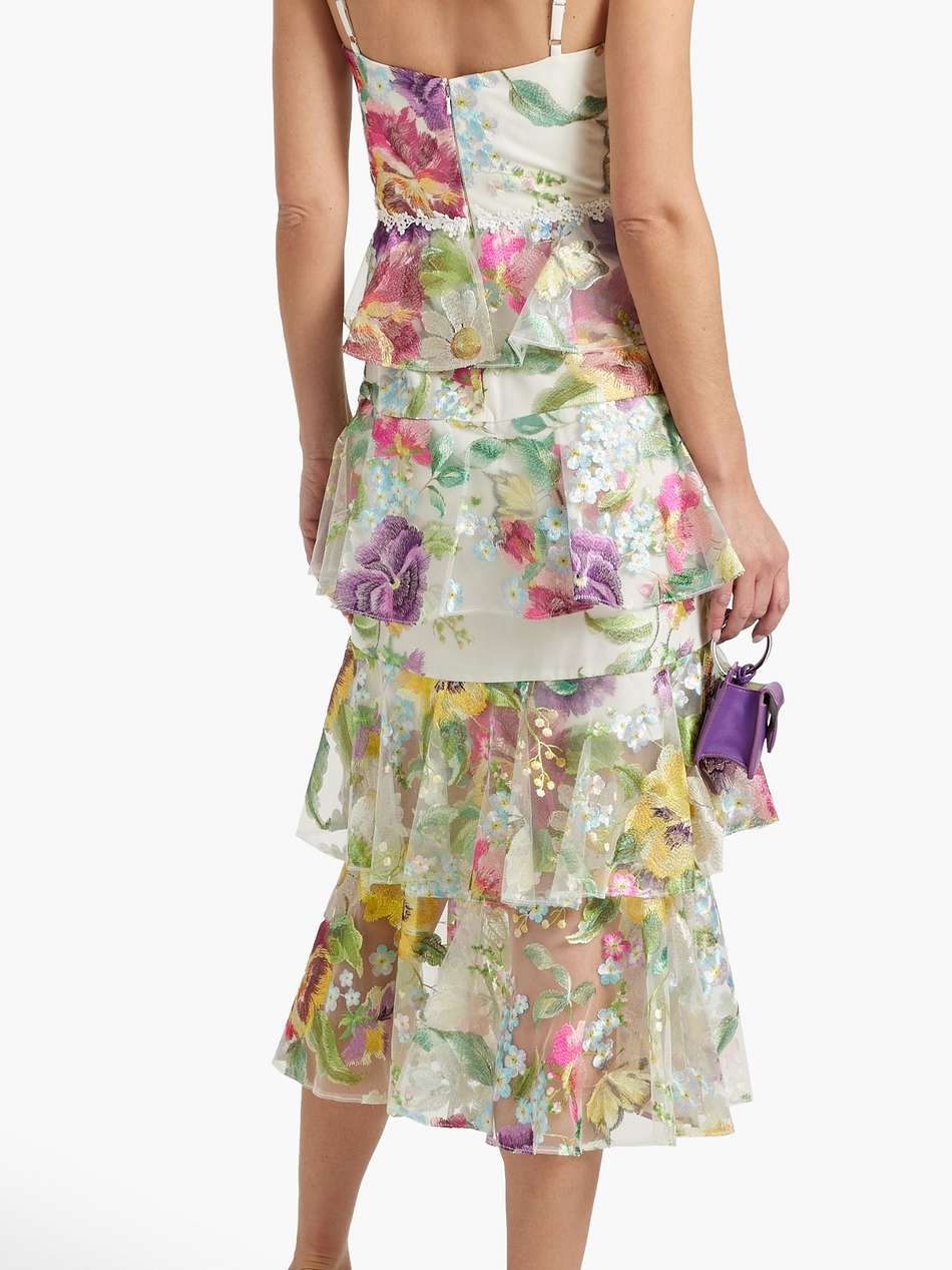 tiered embroidered tulle midi dress