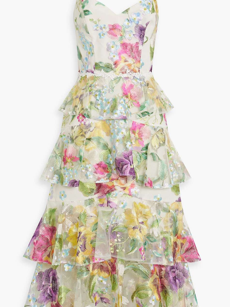 tiered embroidered tulle midi dress