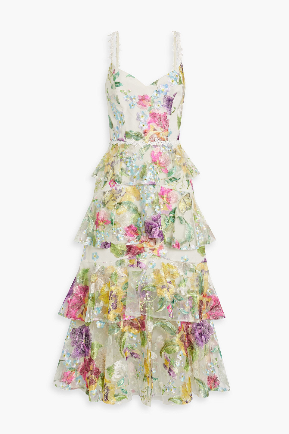 Marchesa Notte - Tiered embroidered tulle midi dress - Multicolor - US 4