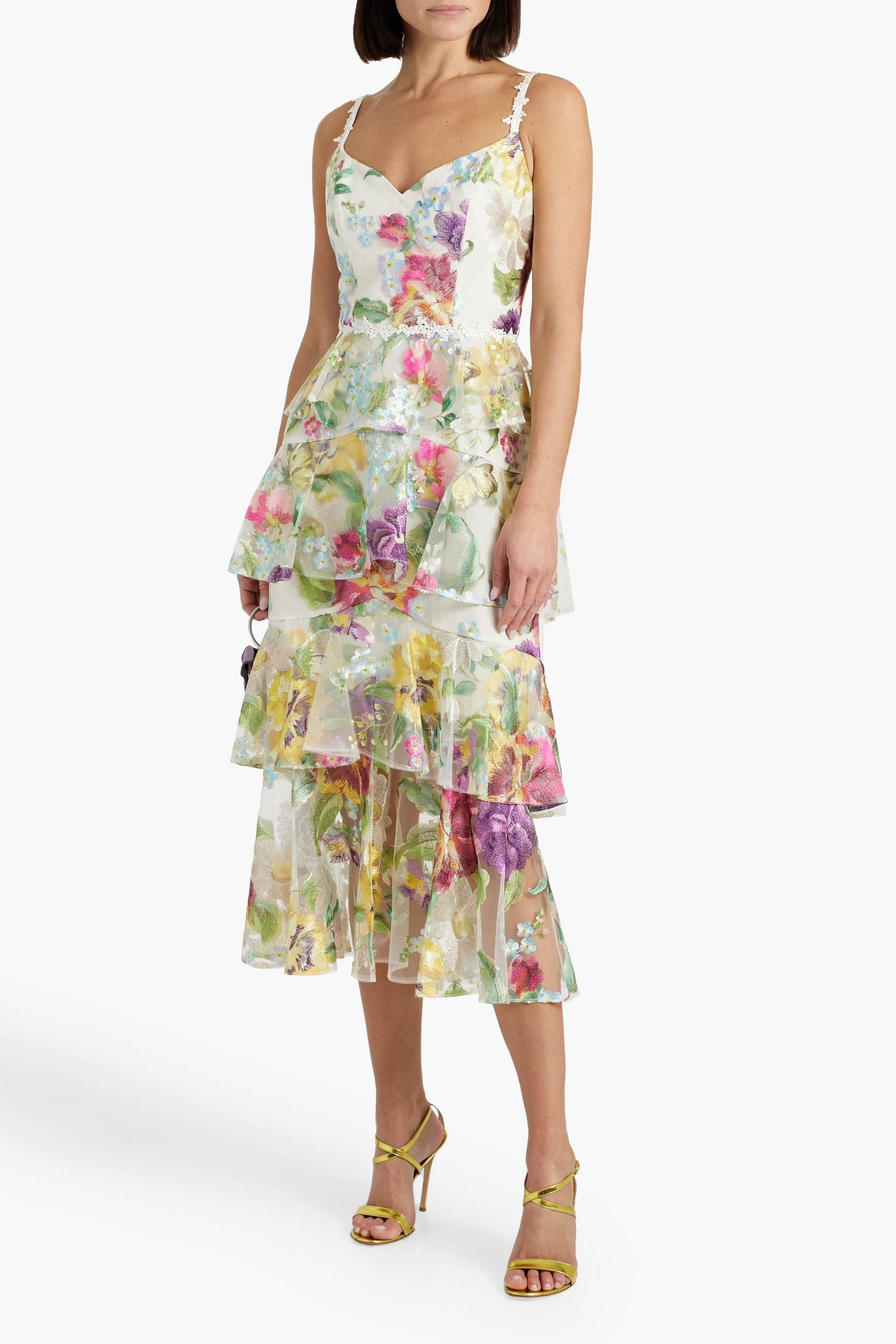 MARCHESA NOTTE Tiered embroidered tulle midi dress