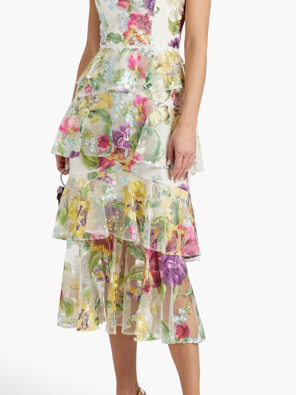 tiered embroidered tulle midi dress
