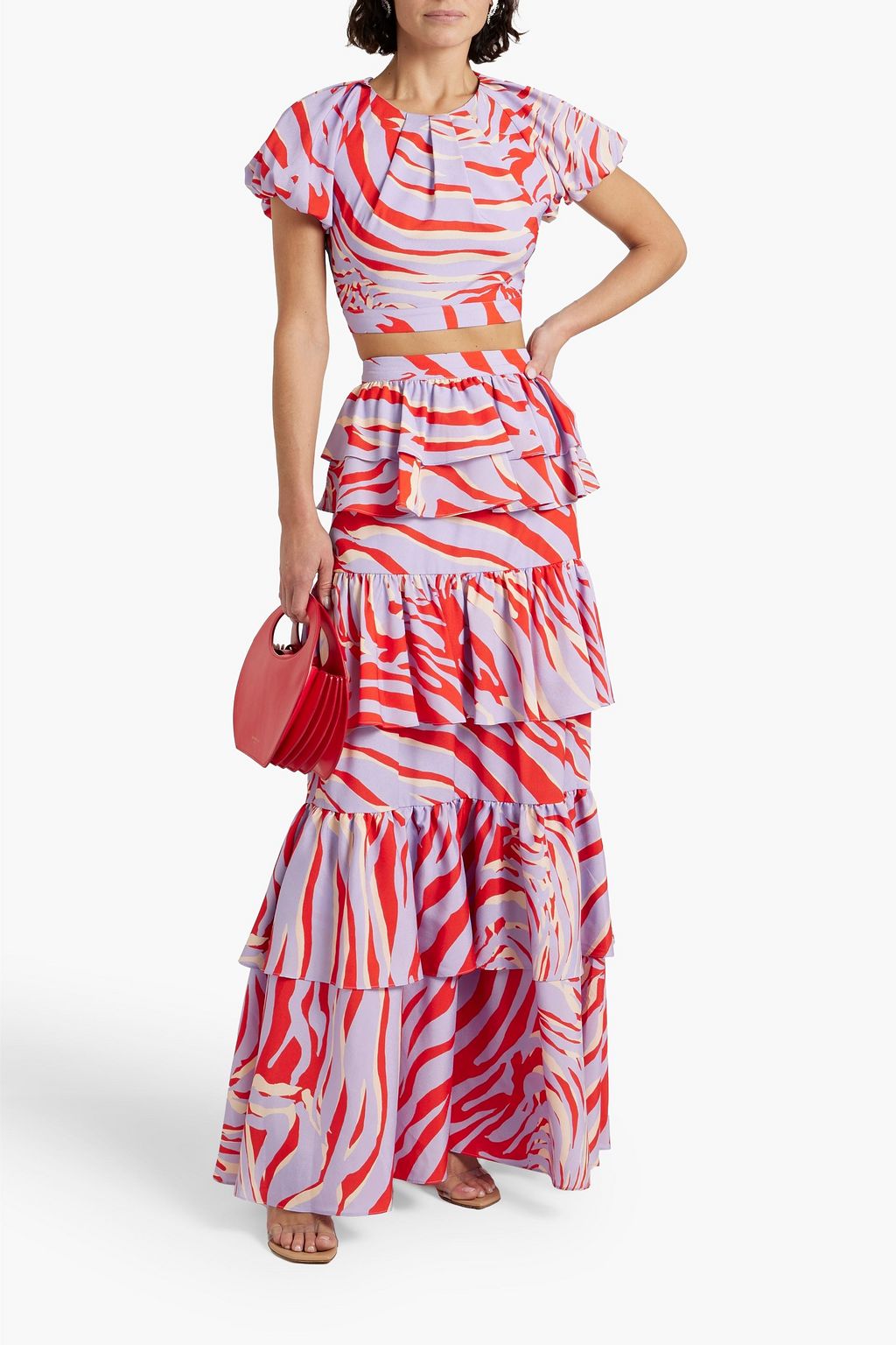 ONE33 SOCIAL Ruffled printed crepe de chine maxi skirt