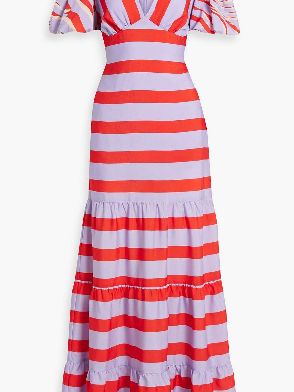 gathered striped crepe de chine maxi dress