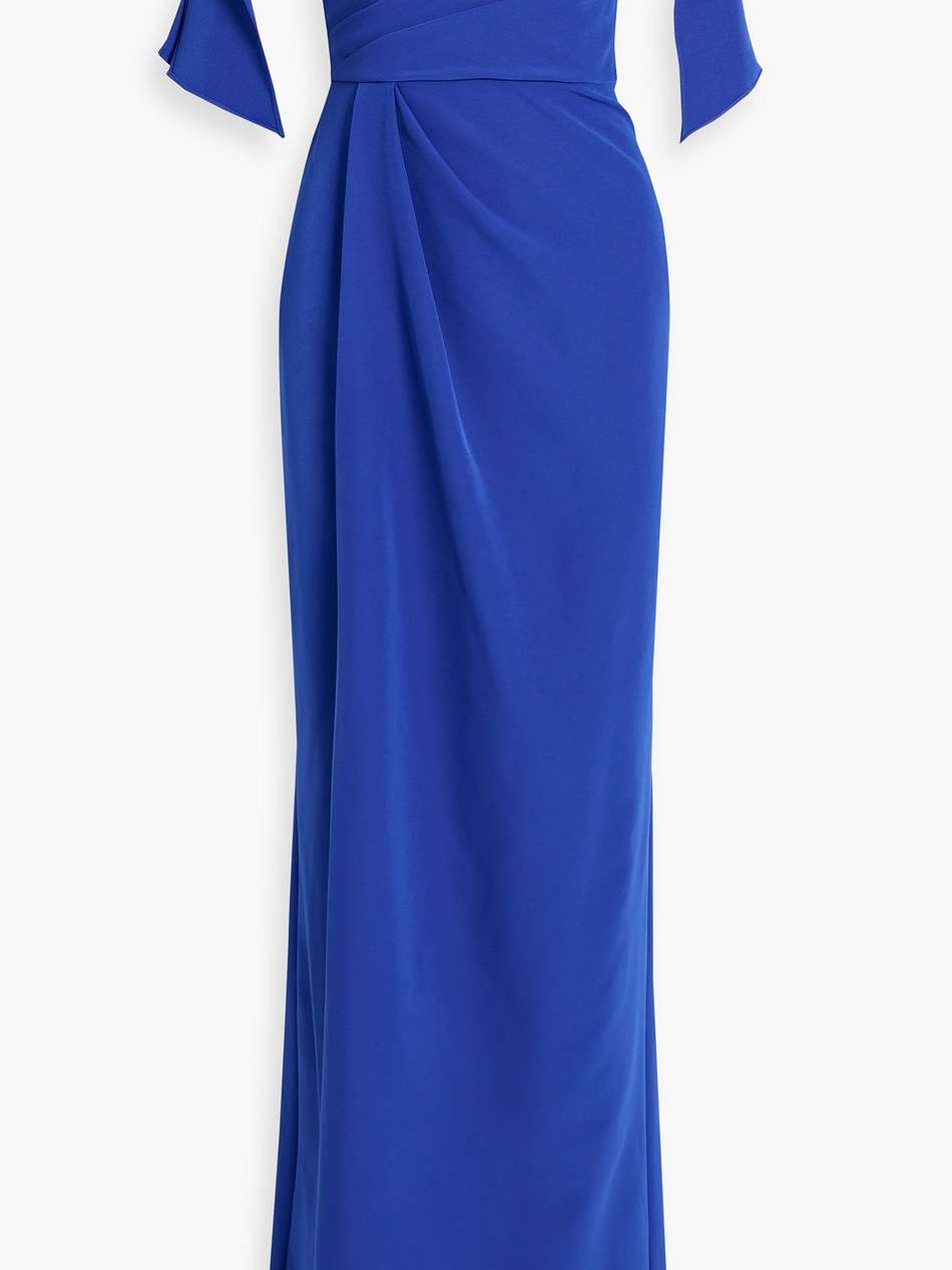 off-the-shoulder bow-embellished crepe gown