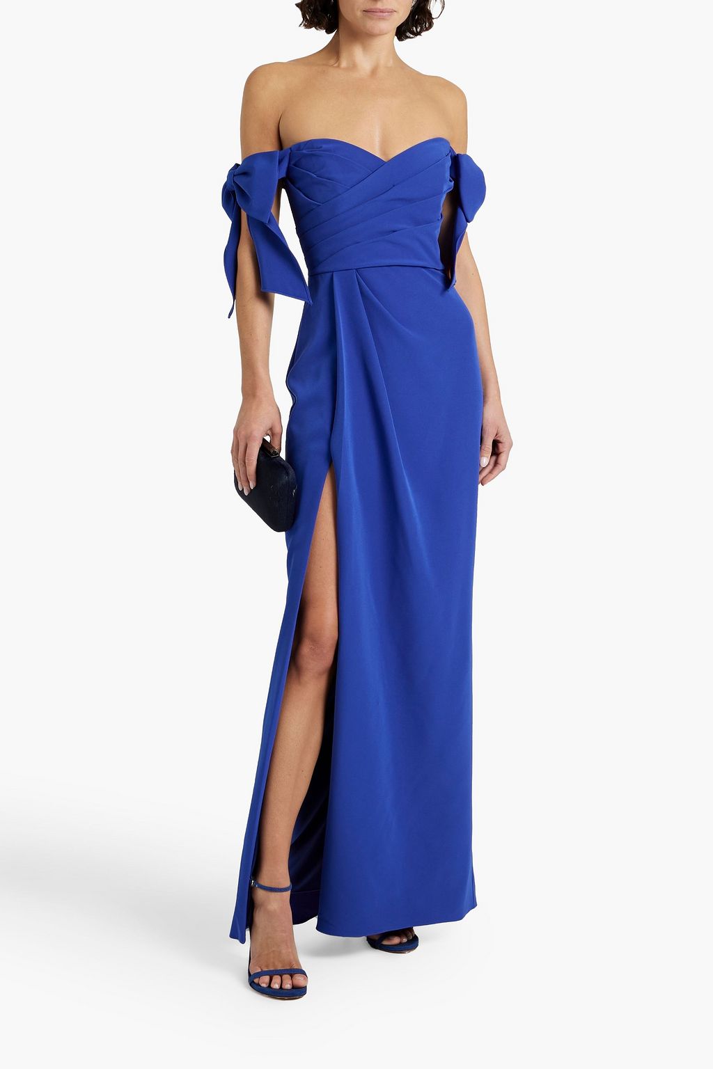 MARCHESA NOTTE Off-the-shoulder bow-detailed crepe gown