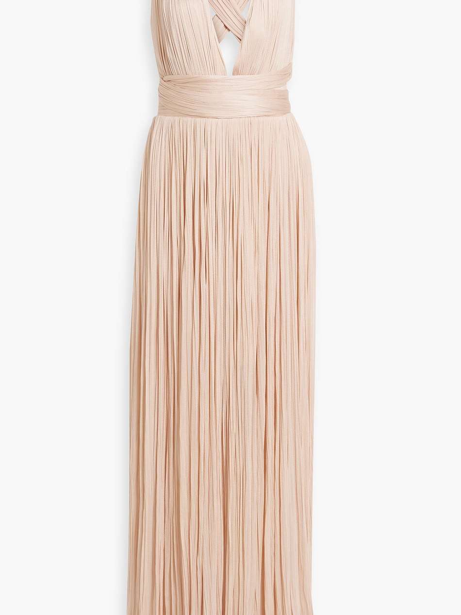 rayana plissé crochet-knit silk gown