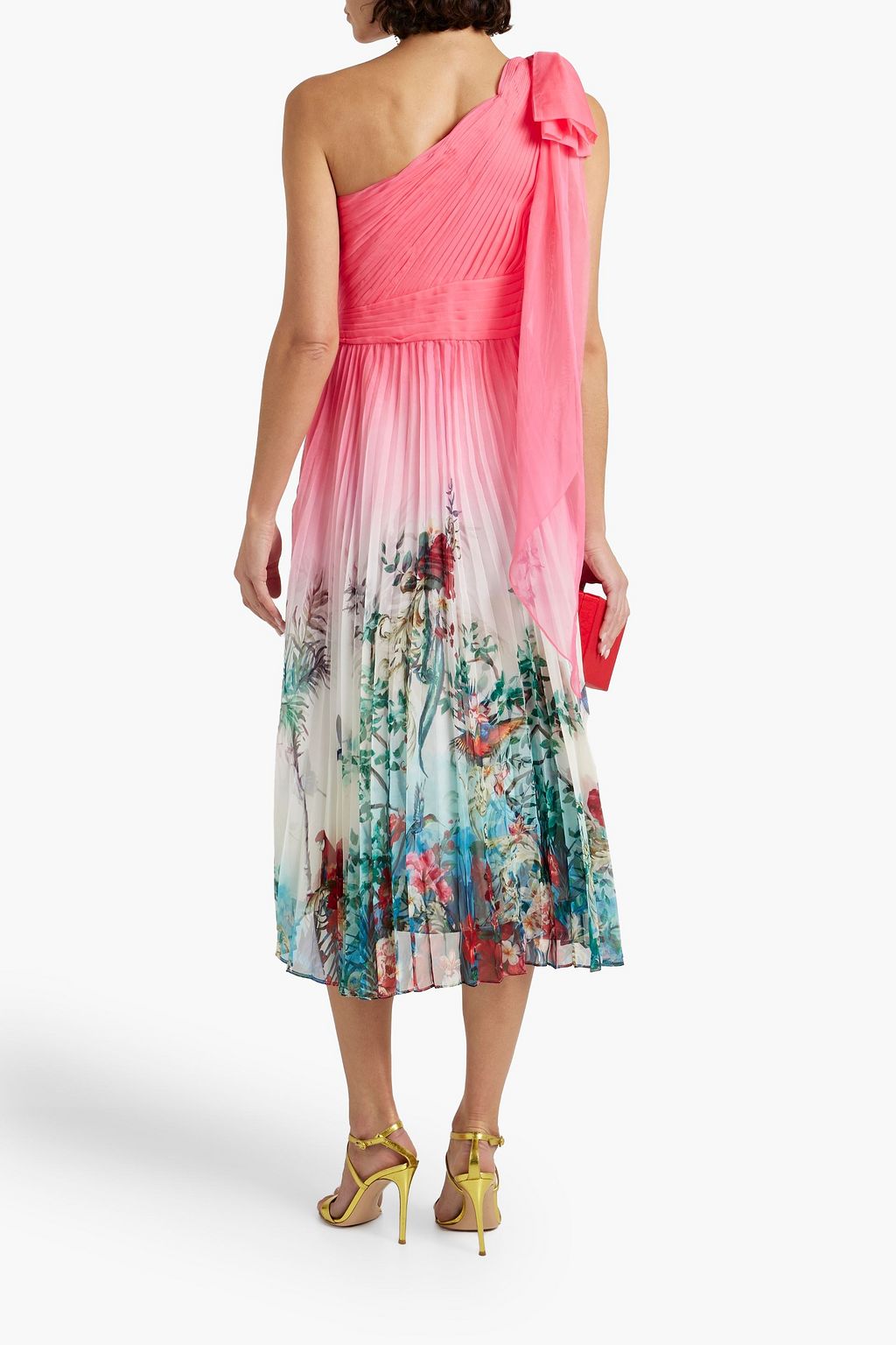 MARCHESA NOTTE One-shoulder pleated printed chiffon midi dress