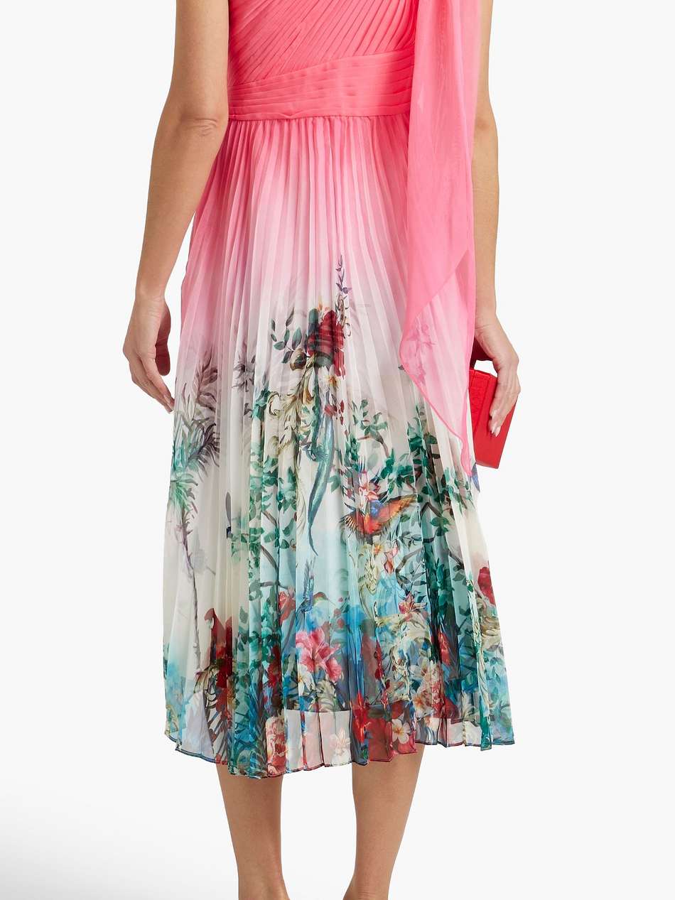 one-shoulder pleated printed chiffon midi dress