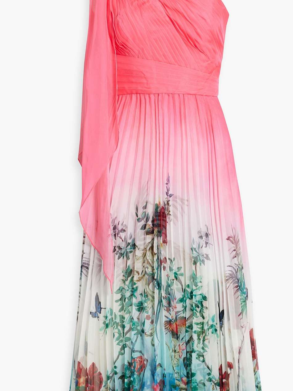 one-shoulder pleated printed chiffon midi dress