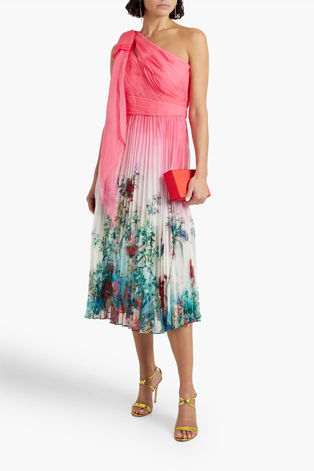 MARCHESA NOTTE One-shoulder pleated printed chiffon midi dress