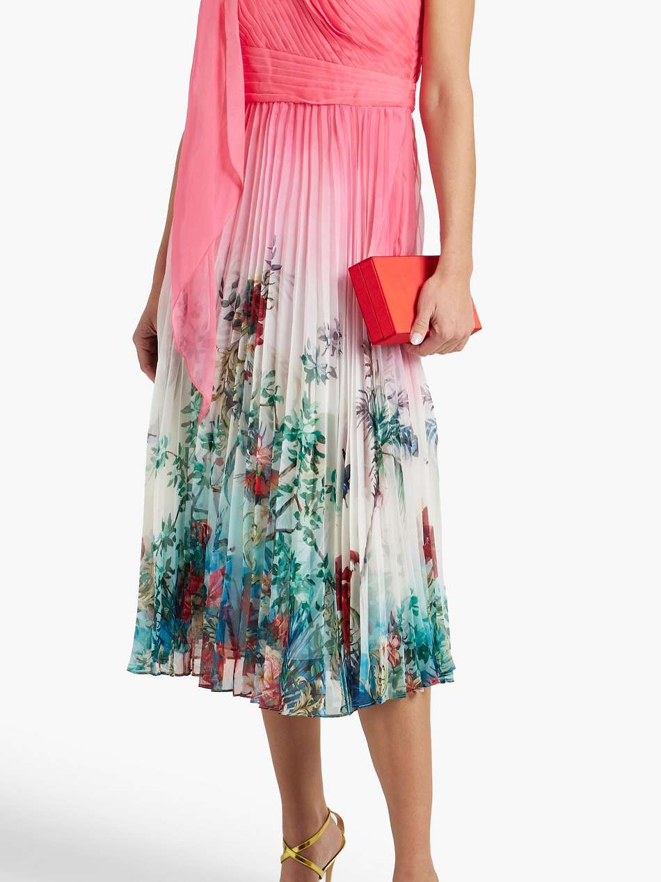 one-shoulder pleated printed chiffon midi dress
