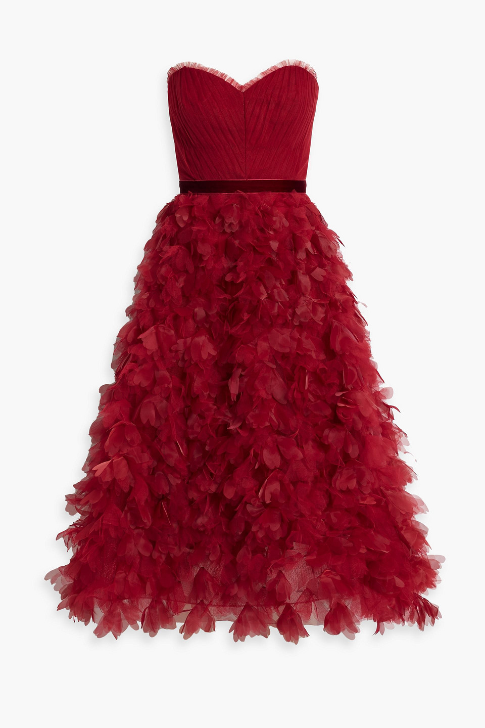 Marchesa Notte Ruffled Sweetheart Neck Midi Dress In Crimson