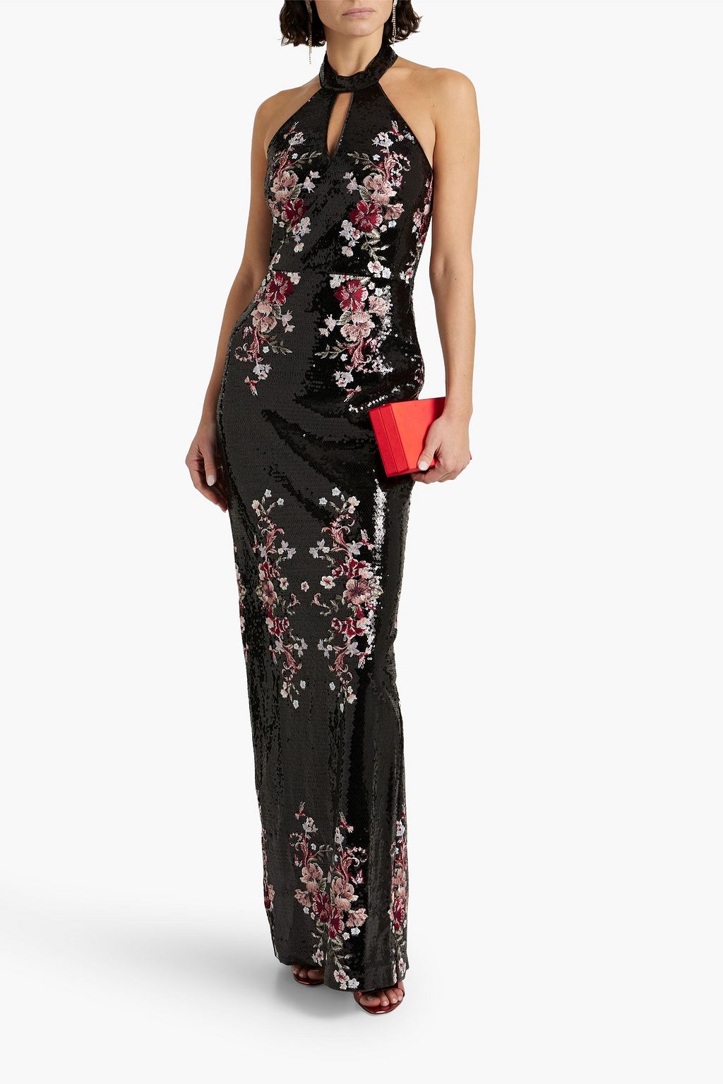 MARCHESA NOTTE Cutout embellished tulle halterneck gown