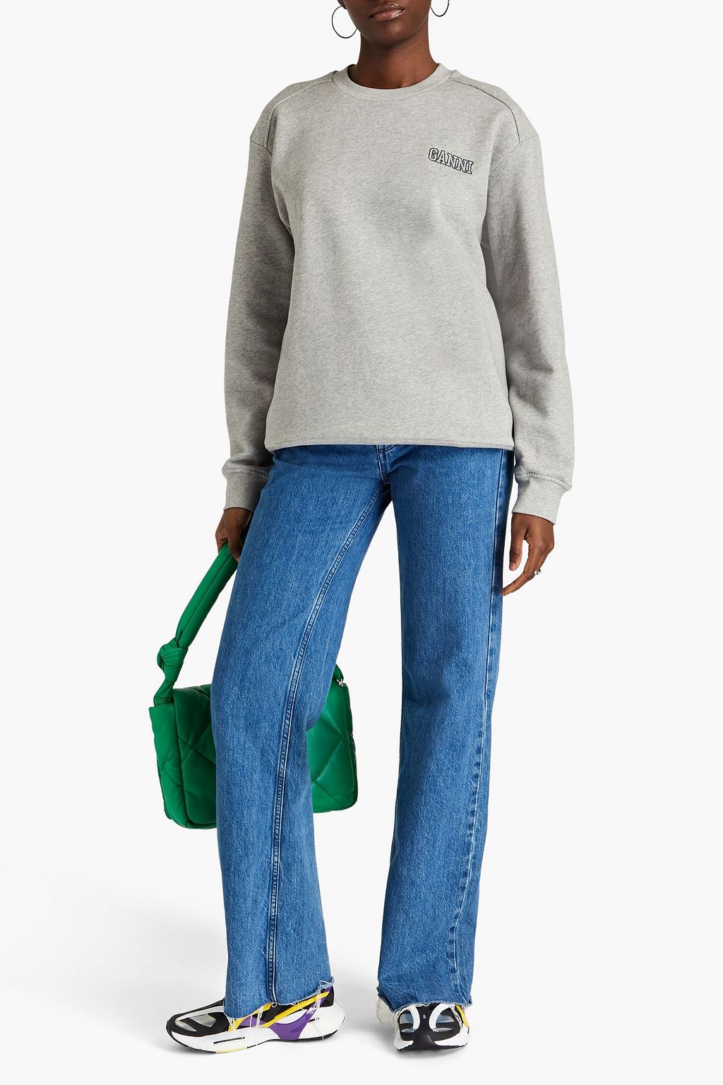 GANNI Embroidered cotton-blend fleece sweatshirt