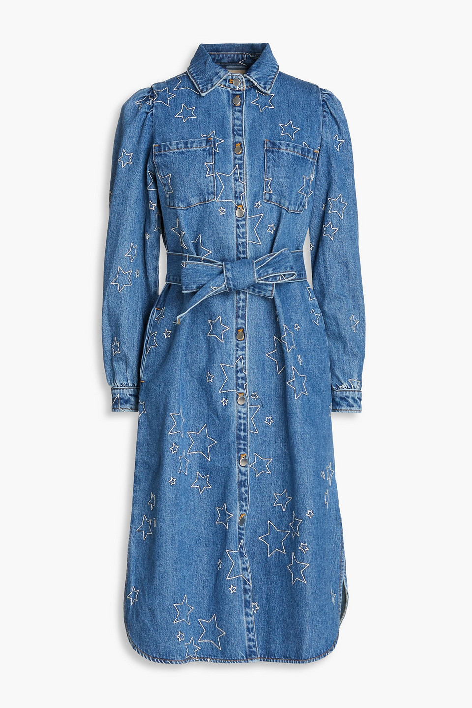 STELLA NOVA SARA LOU EMBROIDERED DENIM MIDI SHIRT DRESS 3074457345636949624