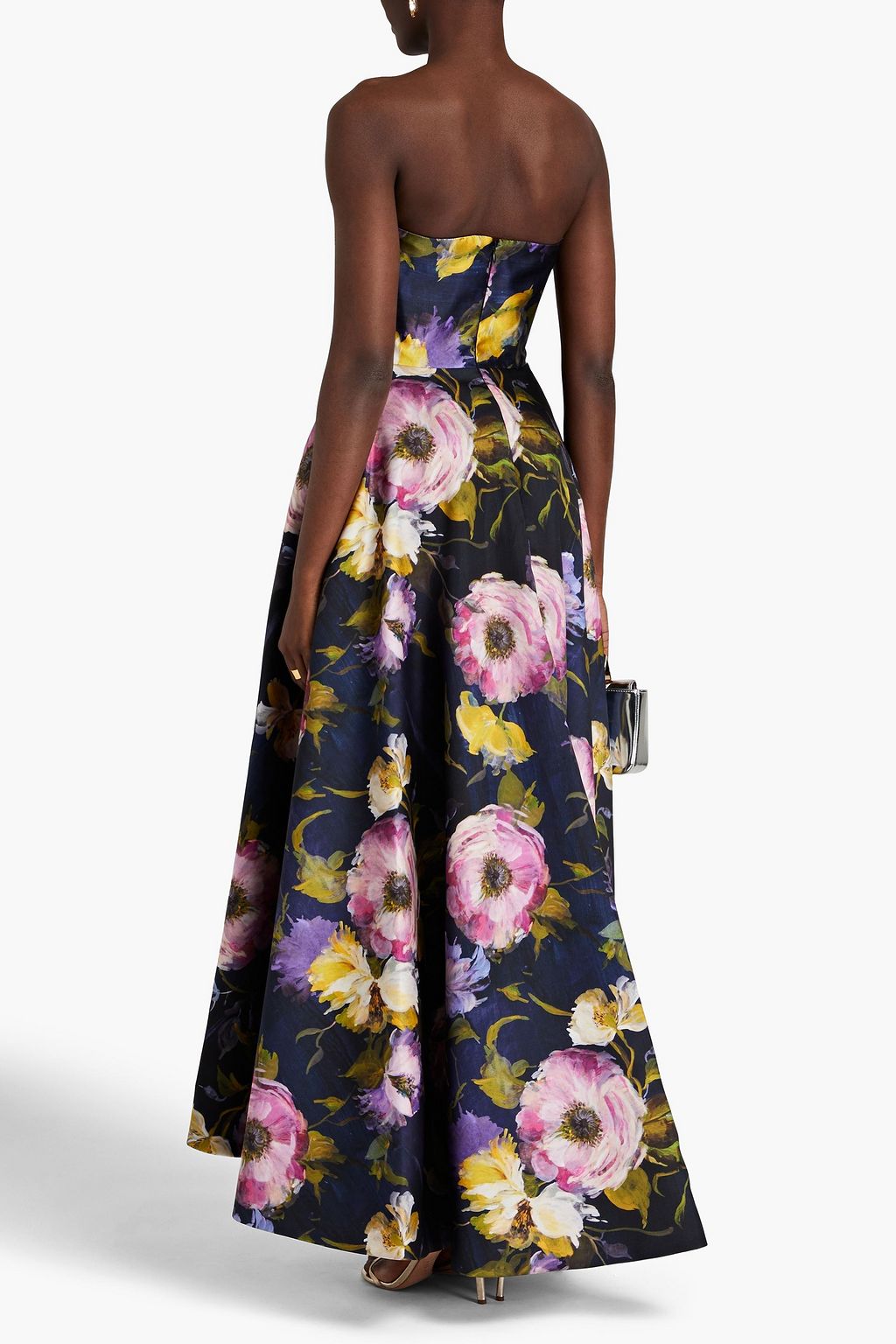 THEIA Mirabel strapless pleated floral-print twill gown