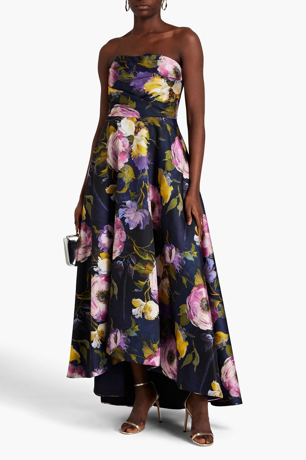 THEIA Mirabel strapless pleated floral-print twill gown