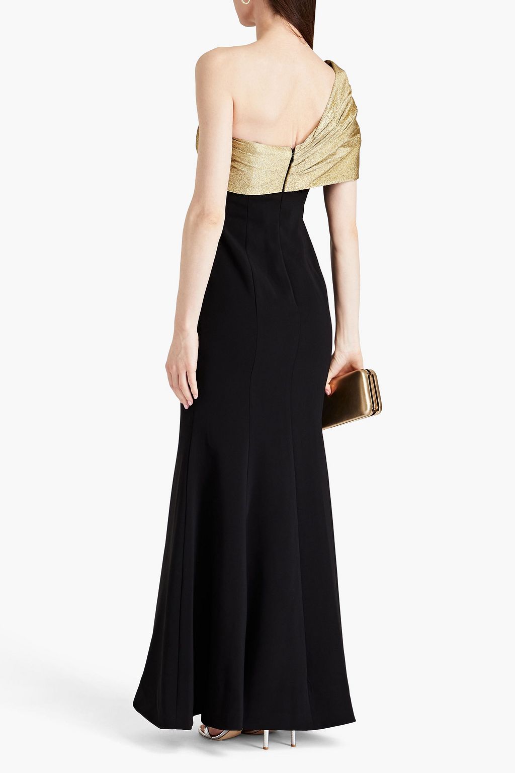 THEIA Gordellia Empire one-shoulder lamé-paneled stretch-crepe gown