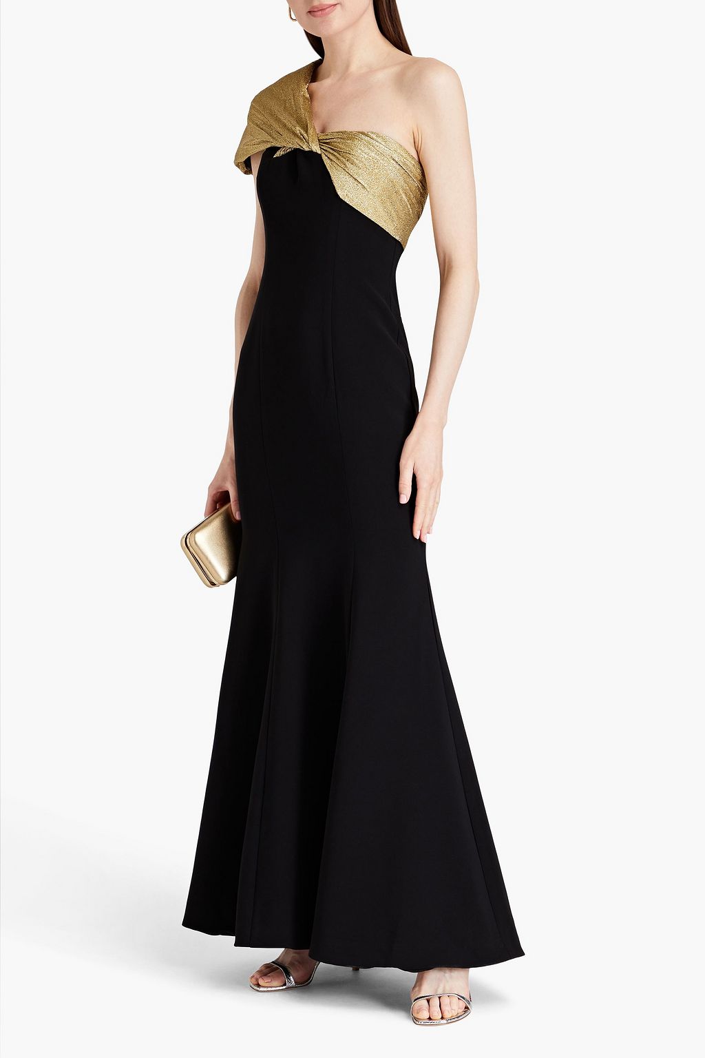 THEIA Gordellia Empire one-shoulder lamé-paneled stretch-crepe gown
