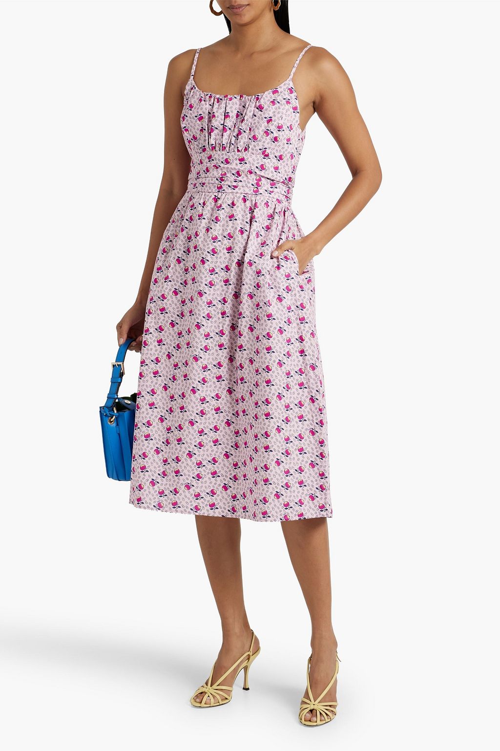 HVN Lucy ruched printed cotton-blend poplin midi dress