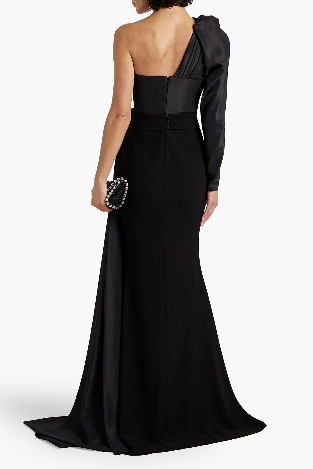 RHEA COSTA One-sleeve draped taffeta and crepe gown