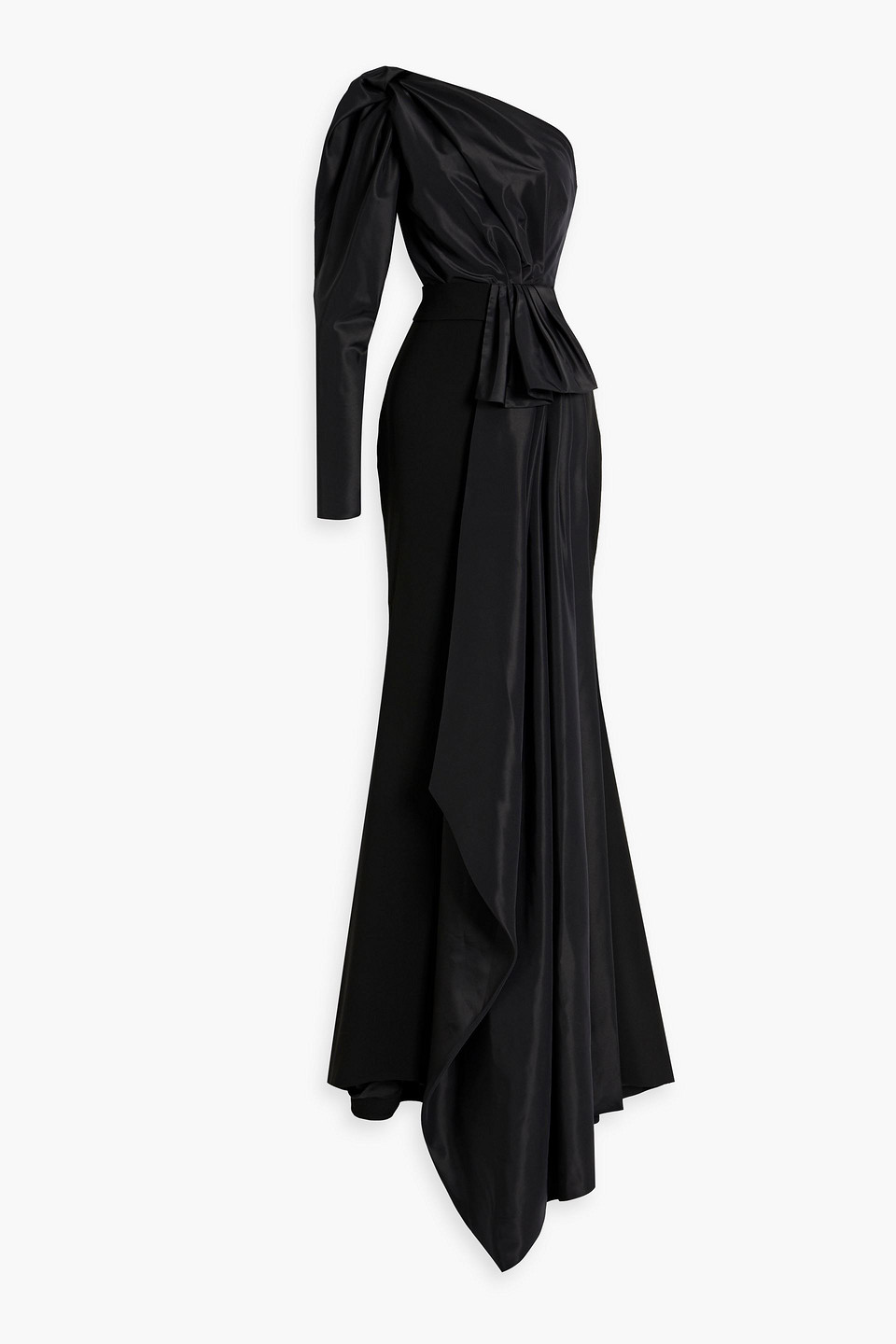 Rhea Costa One-sleeve Draped Satin And Crepe Gown In Black