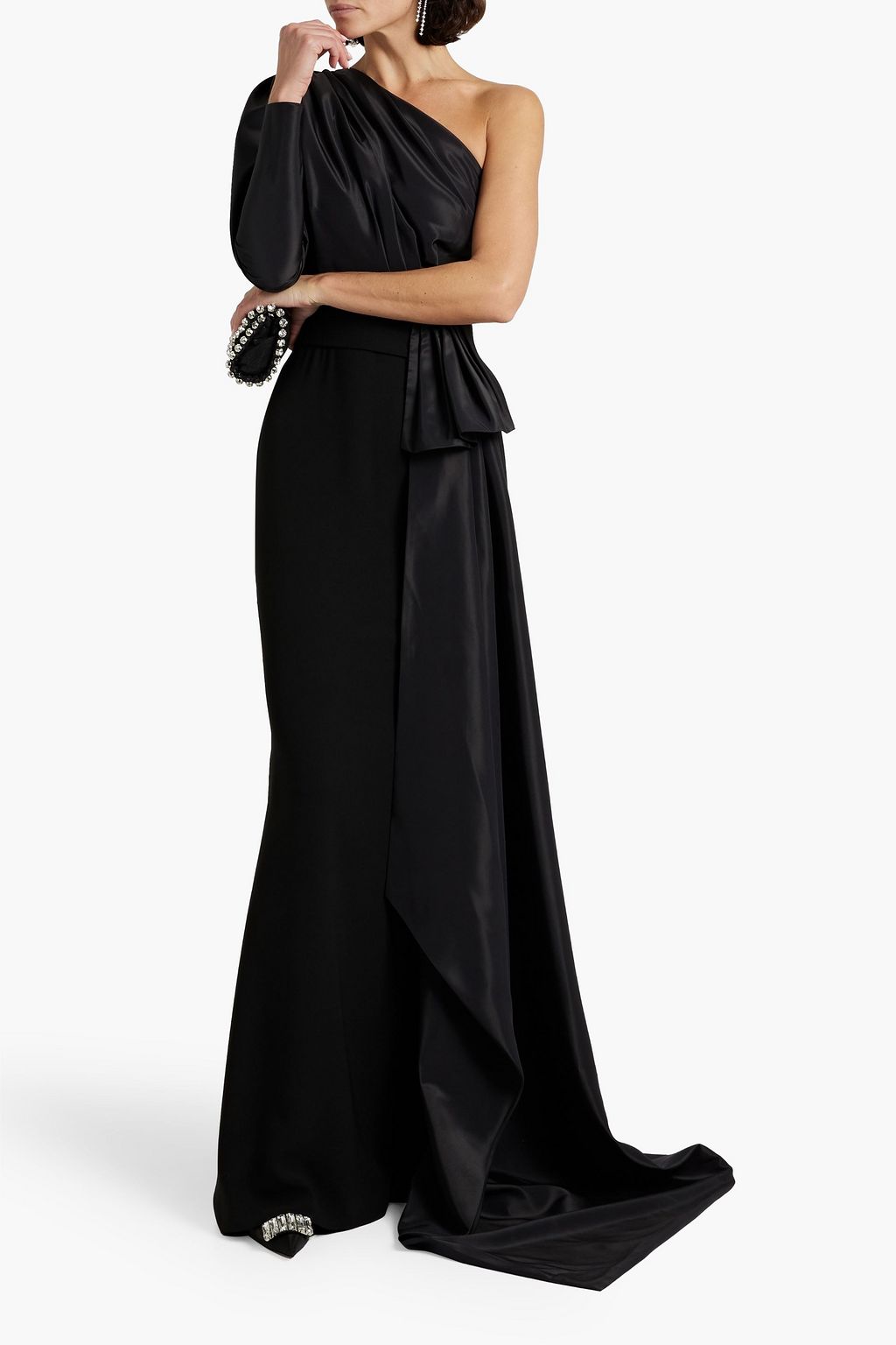 RHEA COSTA One-sleeve draped taffeta and crepe gown
