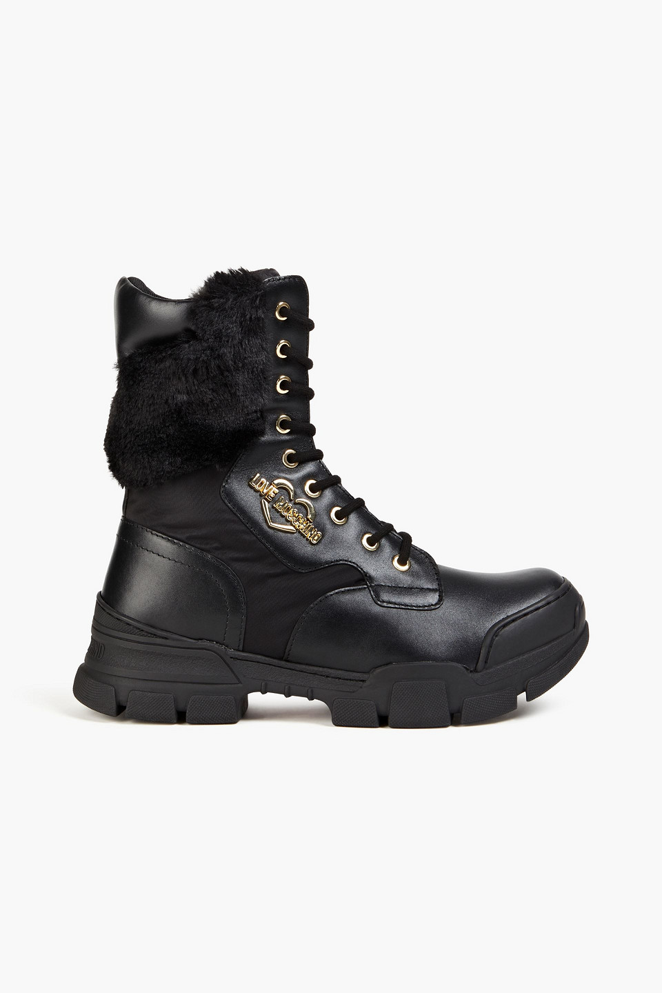 Faux fur-trimmed faux-leather combat boots