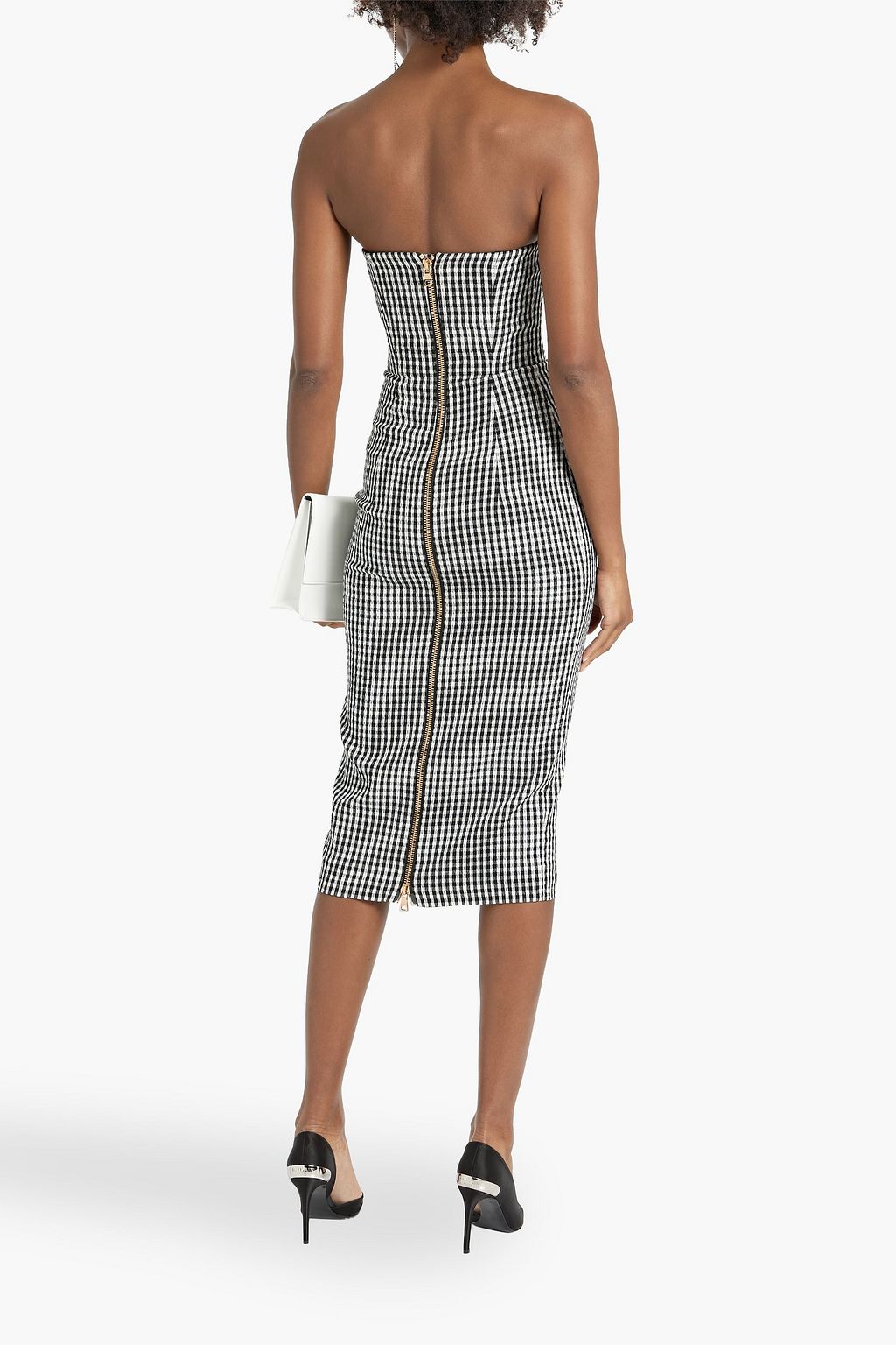 BALMAIN Strapless textured gingham cotton-blend midi dress | THE OUTNET