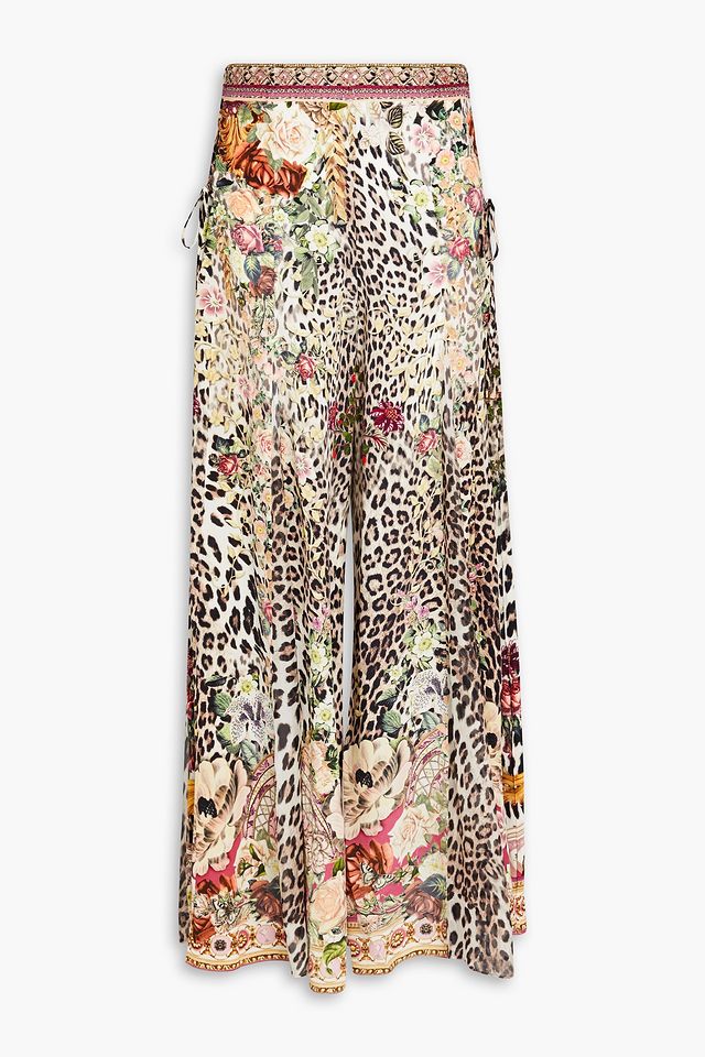 Printed voile-paneled silk crepe de chine wide-leg pants