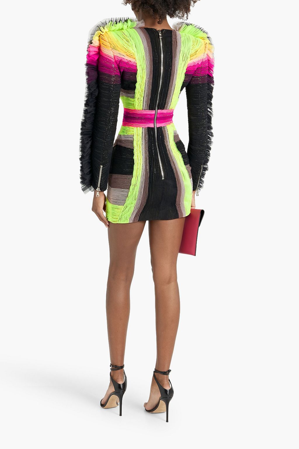 BALMAIN Crystal-embellished striped plissé-tulle mini dress