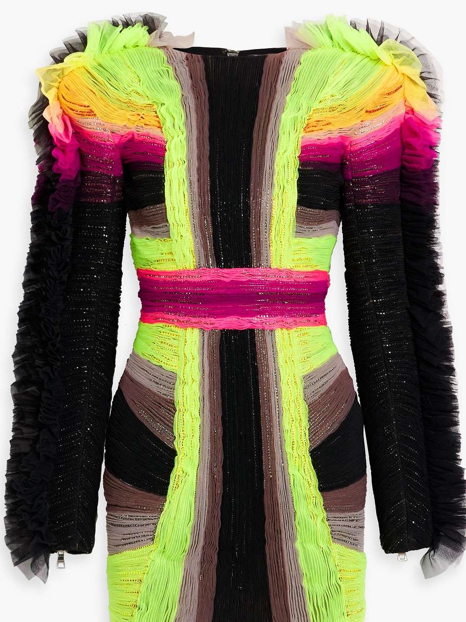 crystal-embellished striped plissé-tulle mini dress