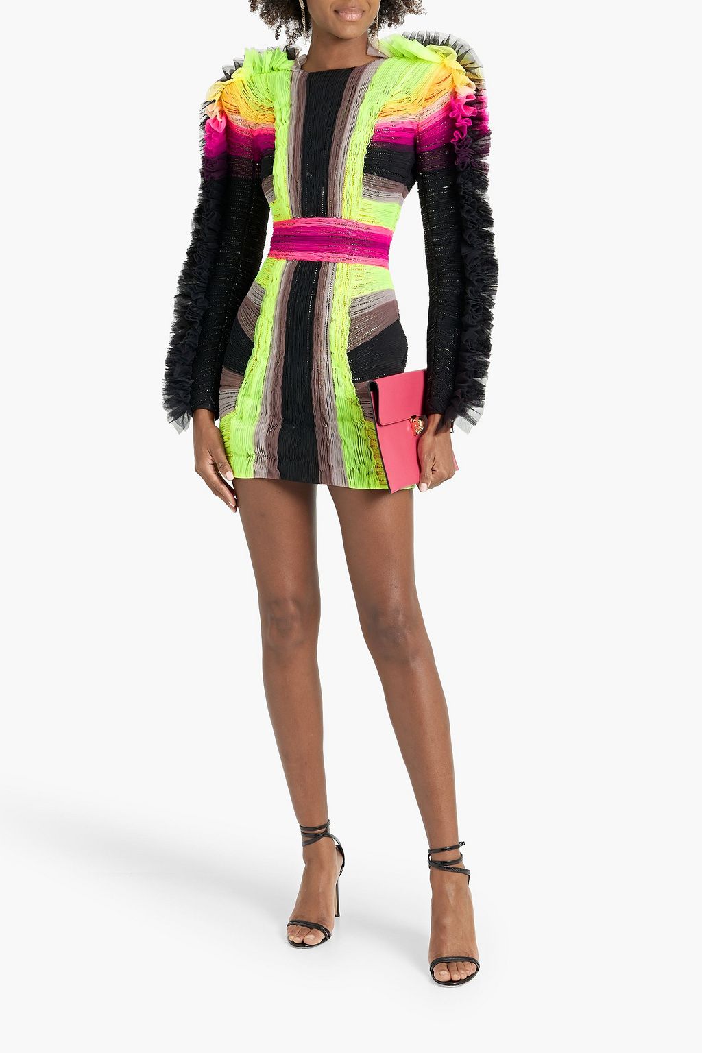 BALMAIN Crystal-embellished striped plissé-tulle mini dress