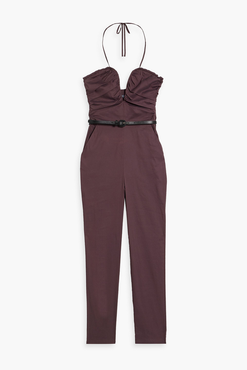 Zeynep Arcay Pleated Cotton-blend Poplin Halterneck Jumpsuit In Burgundy