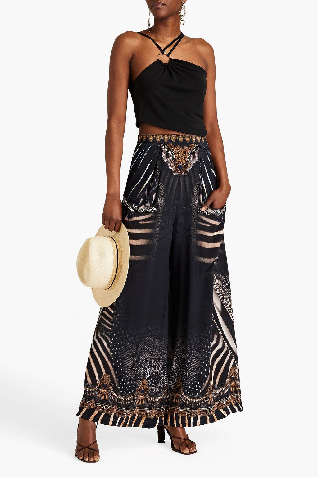 CAMILLA Crystal-embellished printed silk crepe de chine wide-leg pants