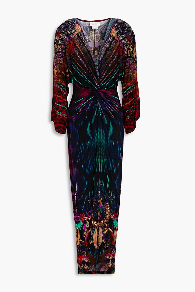 Twisted printed jersey midi dress