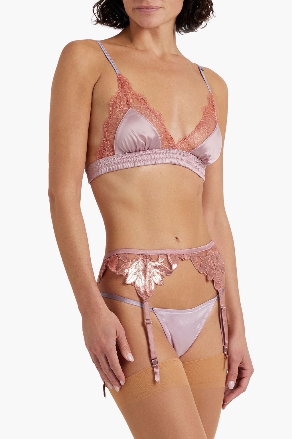 FLEUR DU MAL Lily Foil embroidered satin and stretch-tulle suspender belt