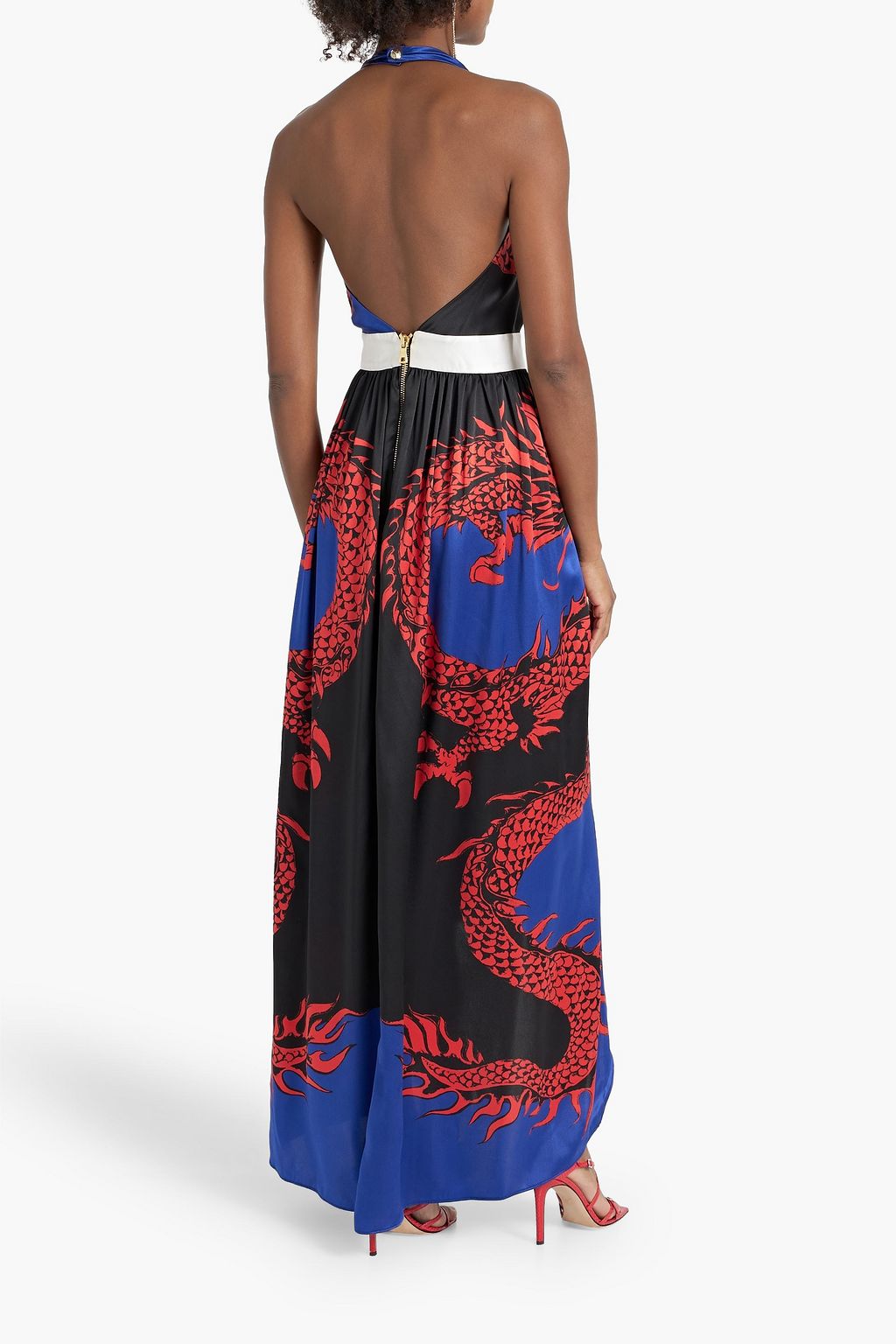 BALMAIN Open-back printed silk-satin halterneck maxi dress