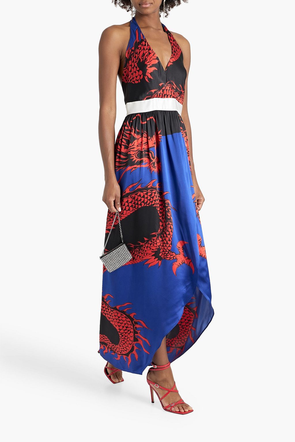 BALMAIN Open-back printed silk-satin halterneck maxi dress