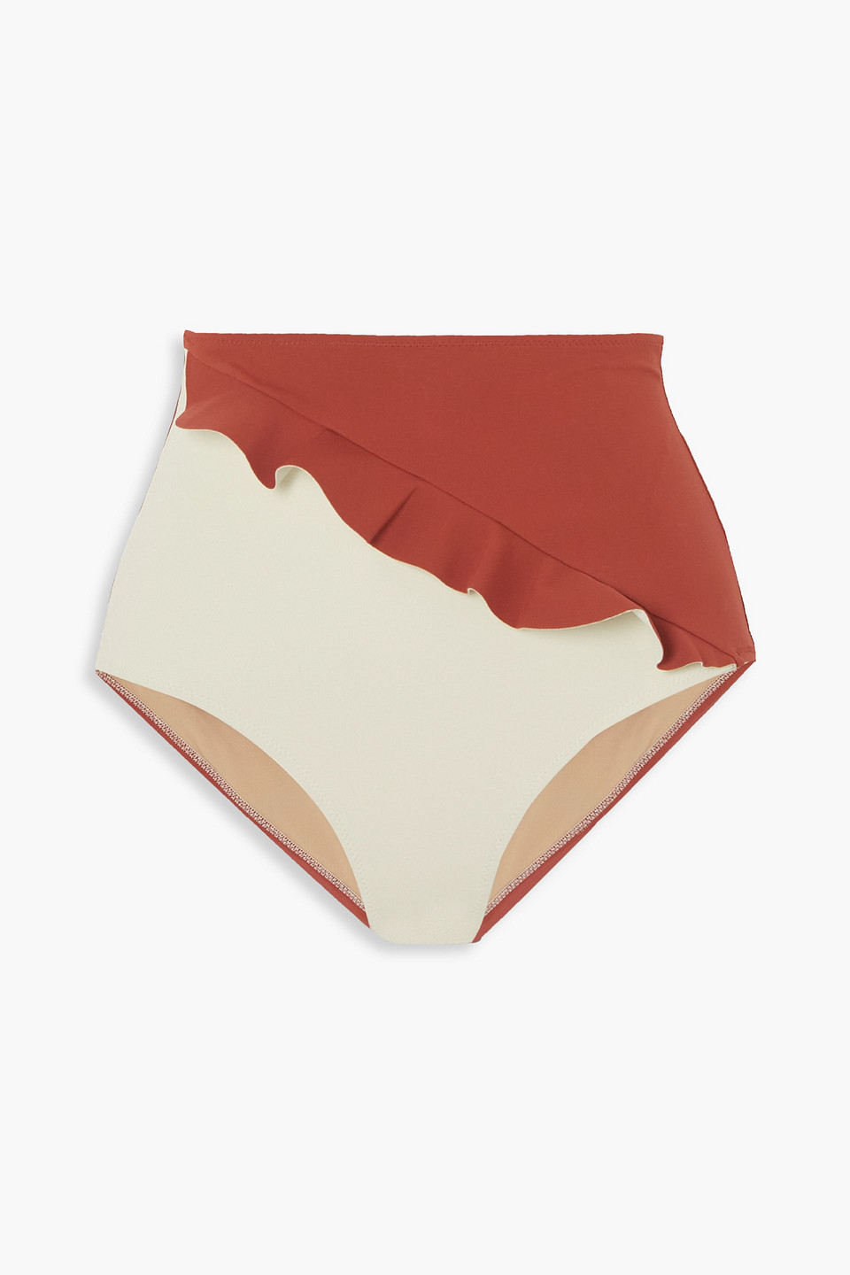 Evarae Greta Ruffled Two-tone Stretch-econyl Bikini Briefs In Brick