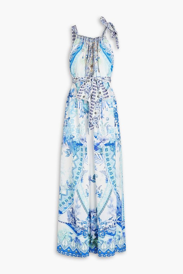 Printed silk crepe de chine wide-leg jumpsuit