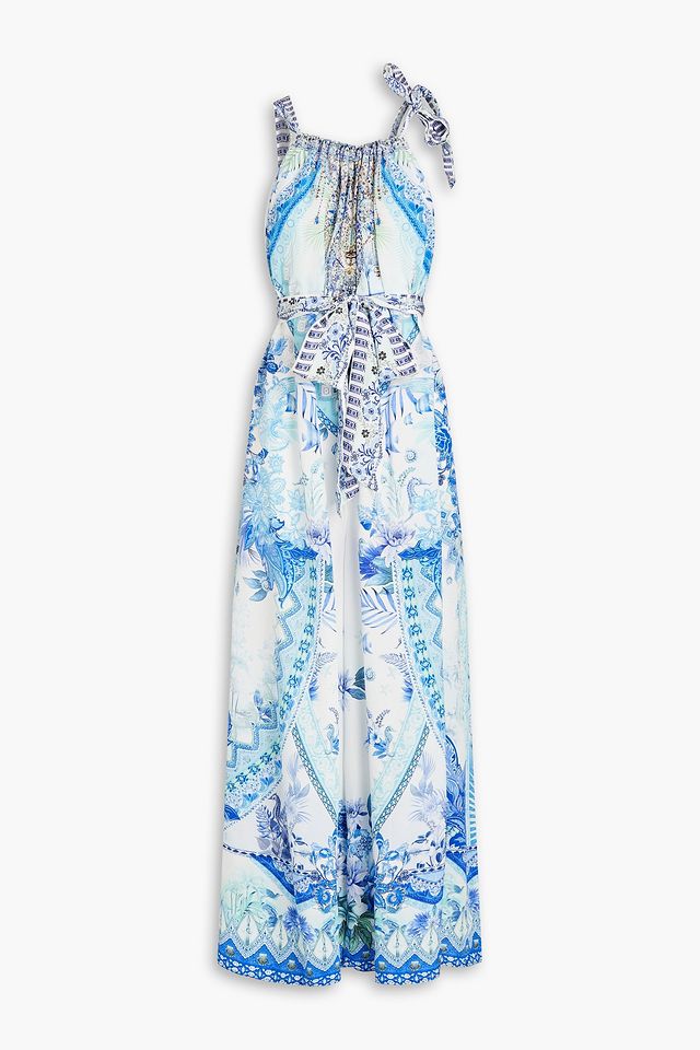 Printed silk crepe de chine wide-leg jumpsuit