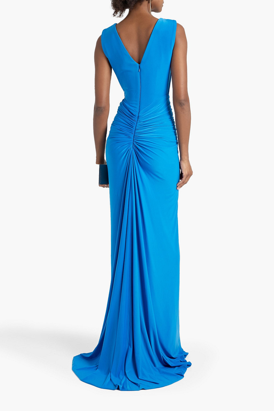 Shop Rhea Costa Bead-embellished Ruched Jersey Gown In Blue