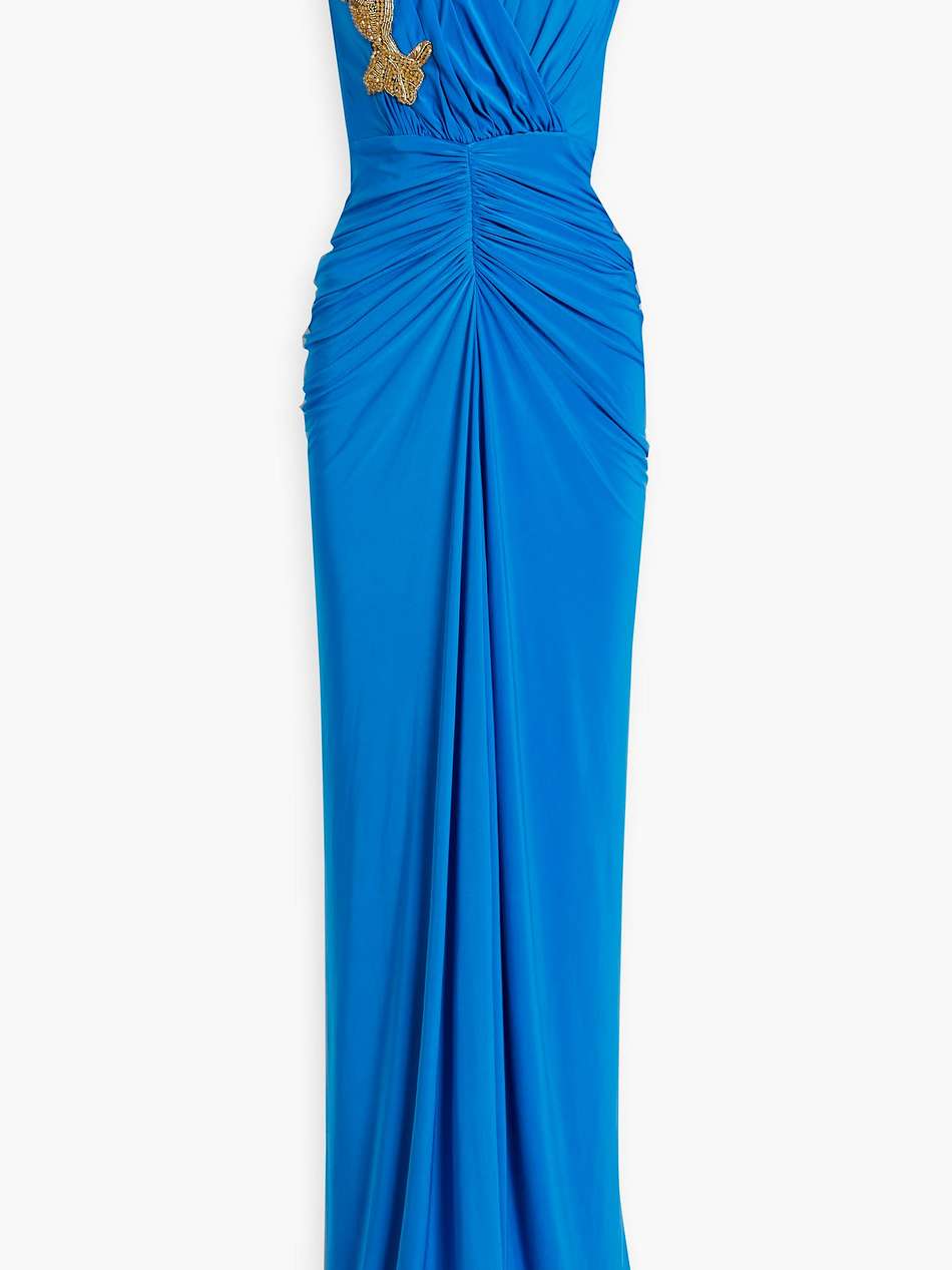bead-embellished ruched jersey gown