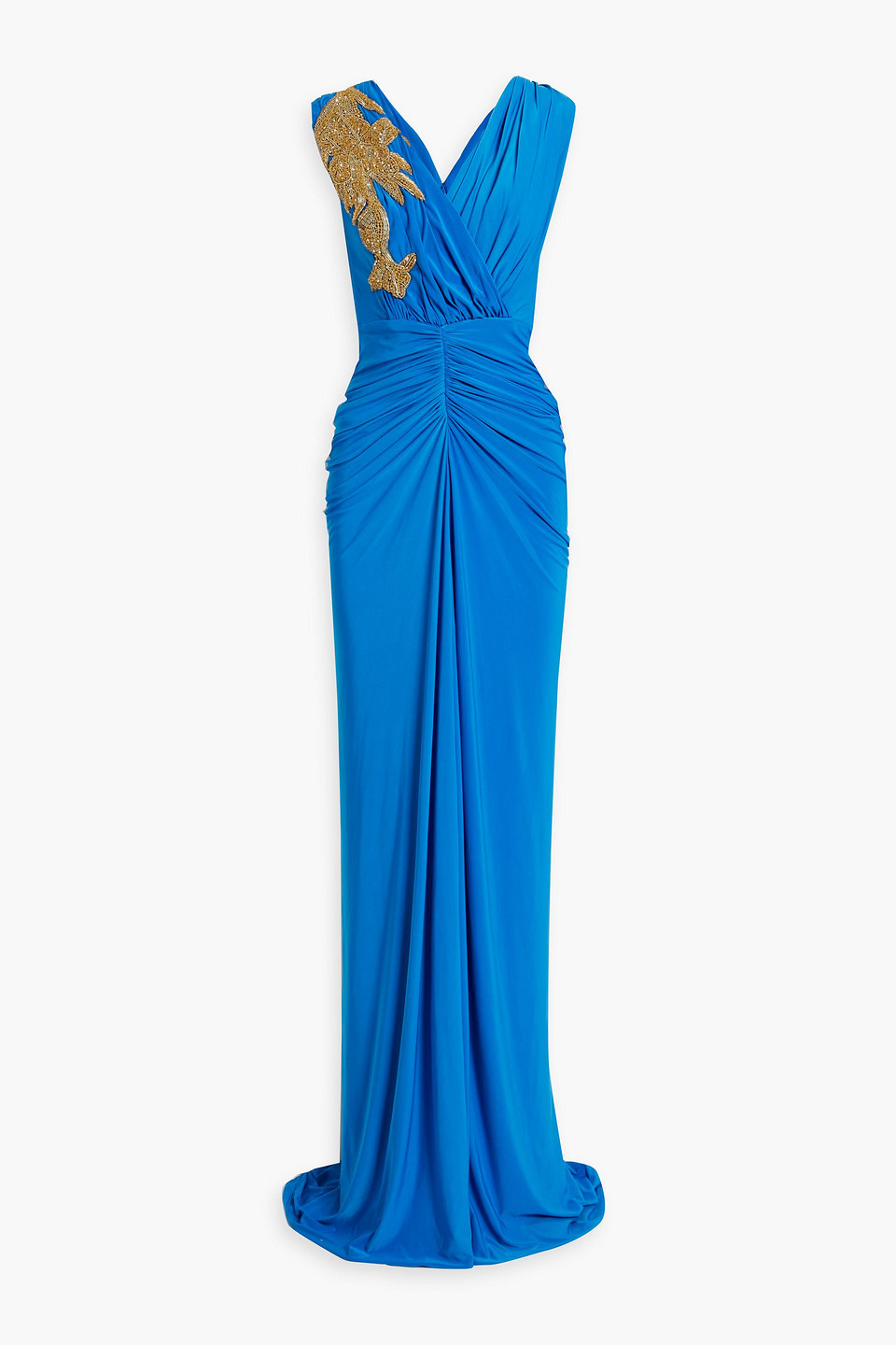 Bead-embellished ruched jersey gown