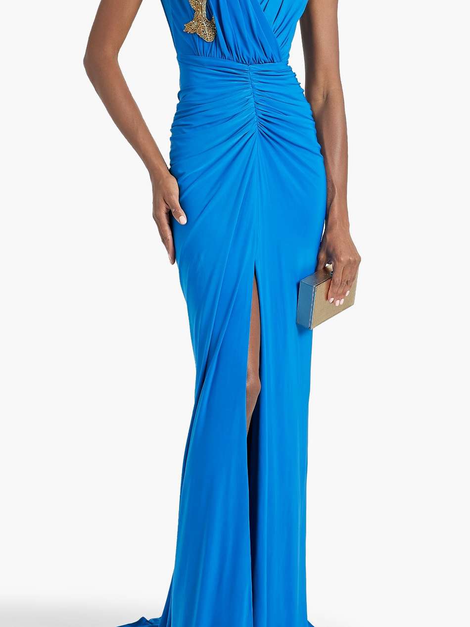 bead-embellished ruched jersey gown