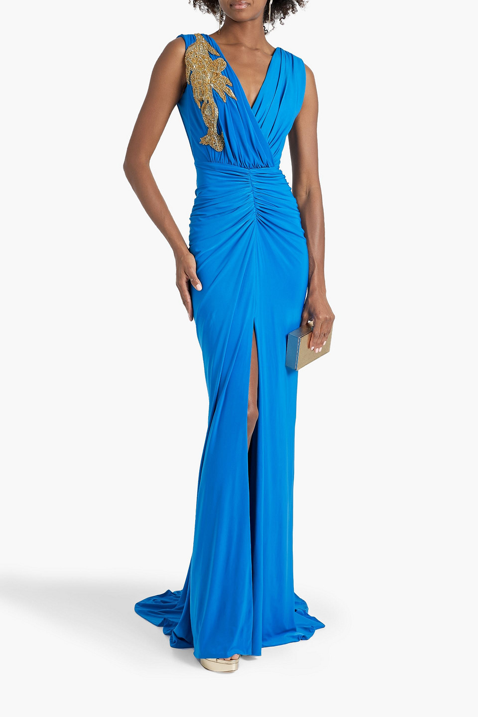 Shop Rhea Costa Bead-embellished Ruched Jersey Gown In Blue