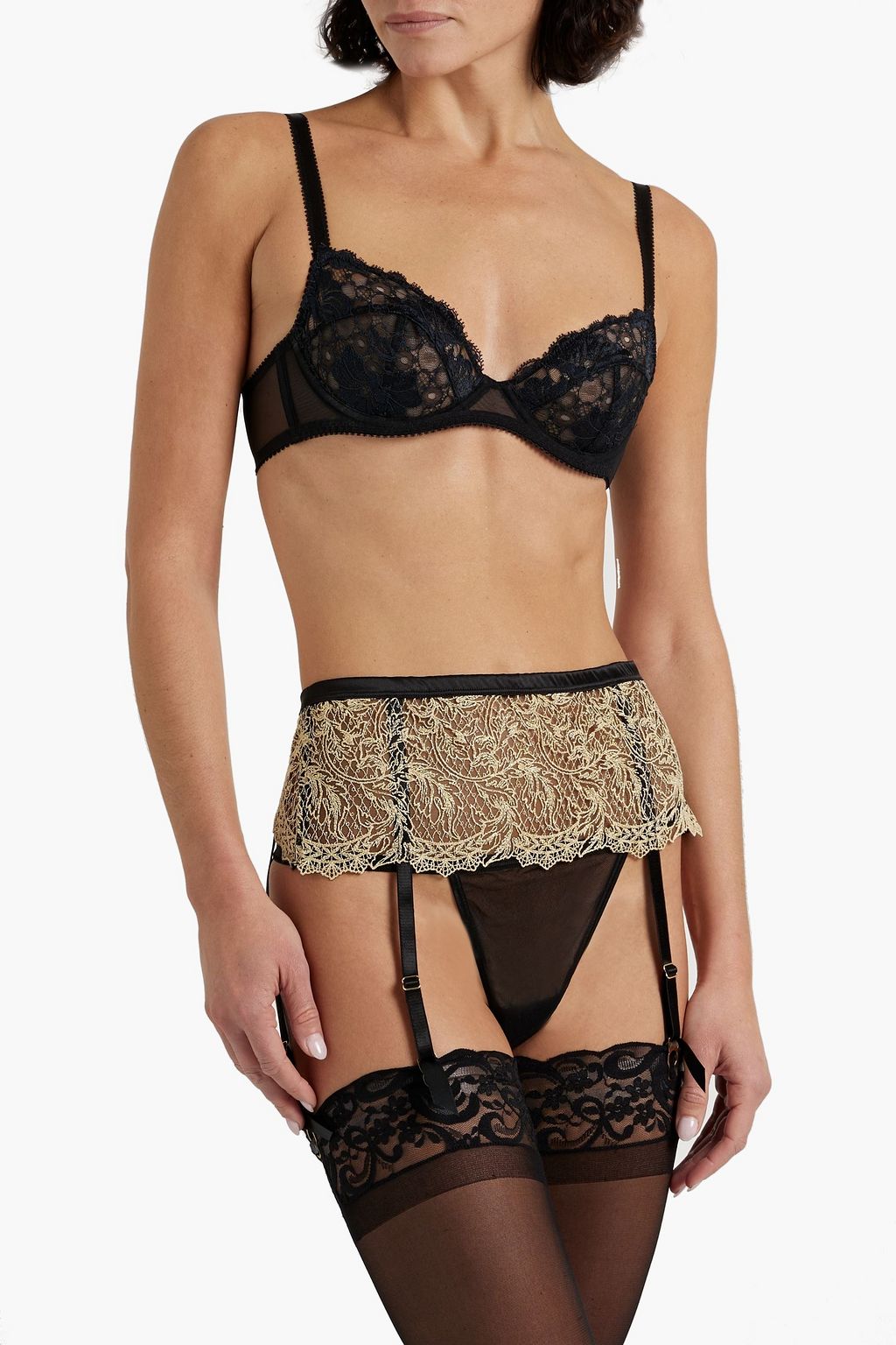 COCO DE MER Killing Eve Berlin embroidered satin and stretch-tulle suspender belt